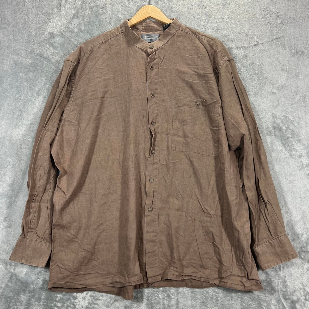 Lord & Taylor Linen Cotton Band Collar Shirt Mens XL Brown Long Sleeve Casual